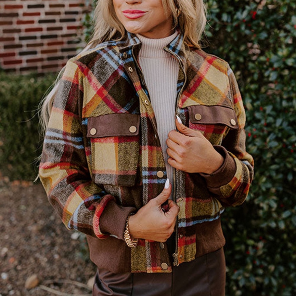 B151 Brown Plaid Print Chest Pockets Button Zipper Stand Neck Jacket - Picture 2 of 4